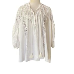 Womens White Cotton Oversized top Size SMall Crochet By Deesse sicile X145